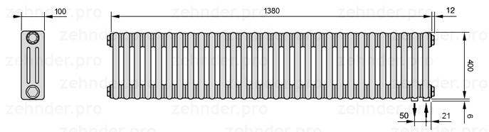 Схема (чертеж) Радиатор Zehnder Charleston 3040/30 №5510 Белый глянцевый RAL 9016